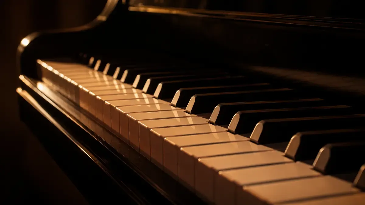 Teclado de piano de cola en diagonal con luz lateral