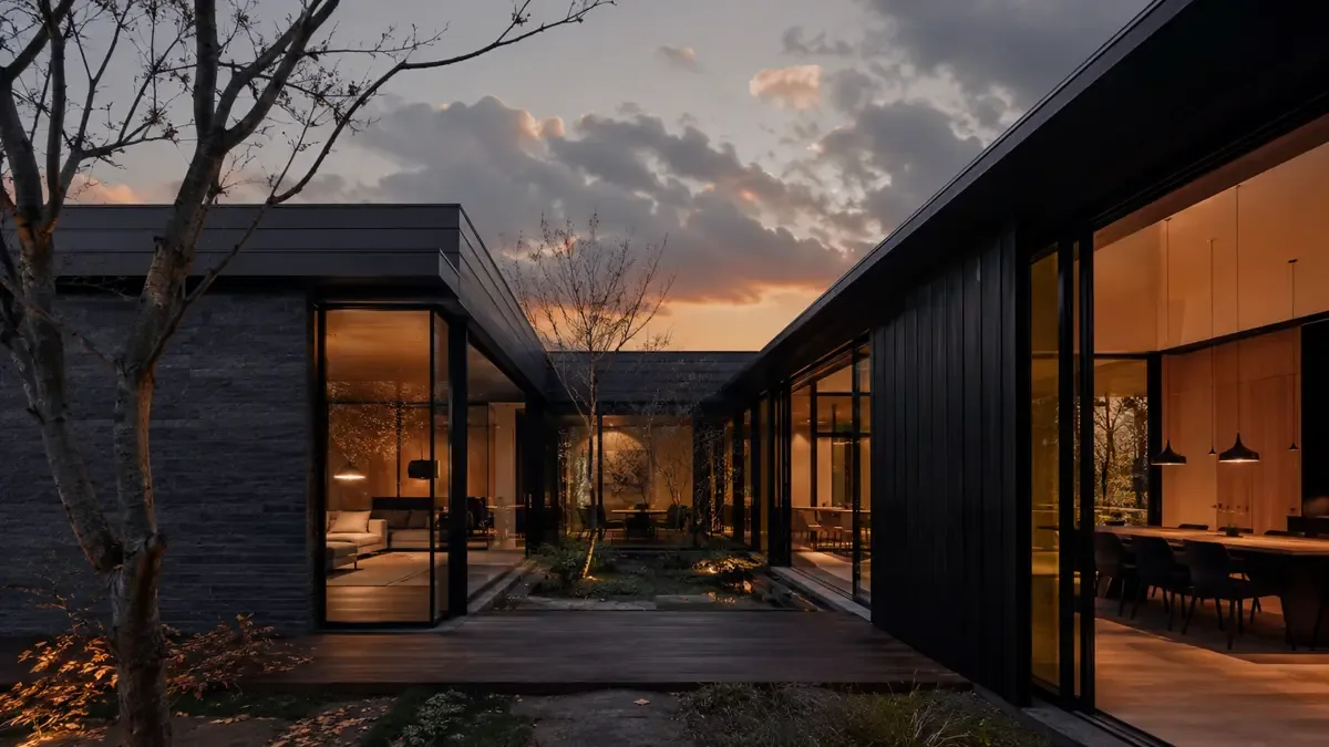 Fachada de una vivienda contemporánea con revestimiento oscuro y ventanales
