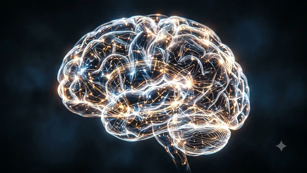 Representación abstracta de un cerebro humano con conexiones luminosas